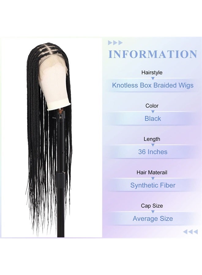 Kalyss 36 inches 13X7 Lace Front Knotless Box Braided Wigs for Black Women Lace Frontal Box Braided Wig with Baby Hair Synthetic Black Lightweight Twist Box Braid Wig