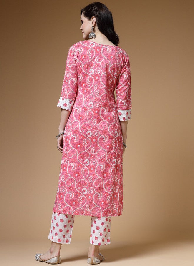 Indibelle Floral Printed Regular Gotta Patti Pure Cotton Straight Kurta with Trousers - Image 5