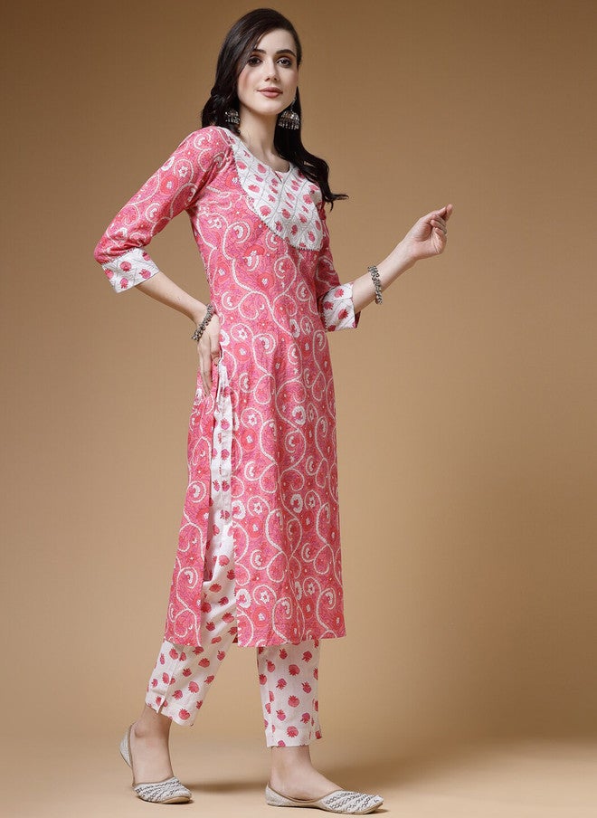 Indibelle Floral Printed Regular Gotta Patti Pure Cotton Straight Kurta with Trousers - Image 4