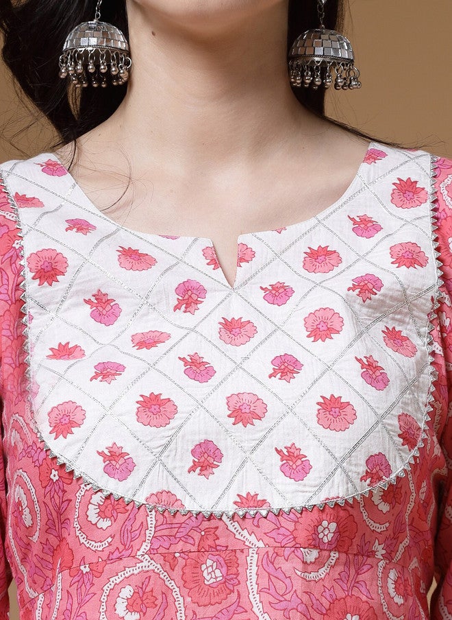 Indibelle Floral Printed Regular Gotta Patti Pure Cotton Straight Kurta with Trousers - Image 2
