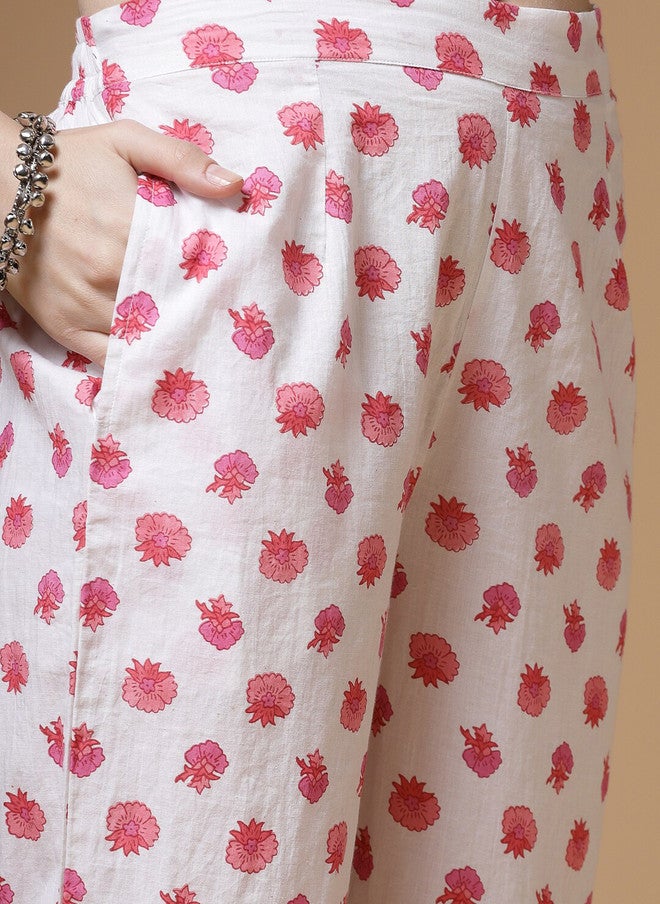 Indibelle Floral Printed Regular Gotta Patti Pure Cotton Straight Kurta with Trousers - Image 3