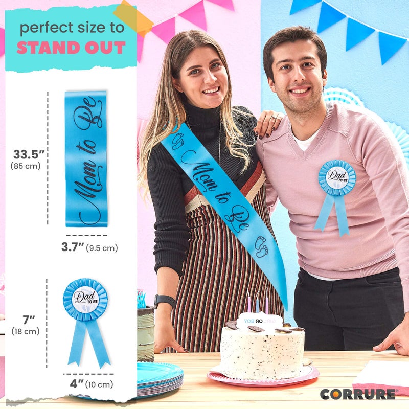 CORRURE Baby Shower Sash and Button Pin for Boy - 'Mom to Be' Sash and 'Dad to Be' Pin with Beautiful Blue Ribbon and Black Glitter Text - Ideal Mom and Dad Gift for Gender Reveal/Baby Shower - Image 5