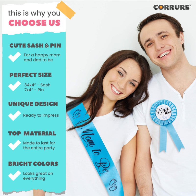 CORRURE Baby Shower Sash and Button Pin for Boy - 'Mom to Be' Sash and 'Dad to Be' Pin with Beautiful Blue Ribbon and Black Glitter Text - Ideal Mom and Dad Gift for Gender Reveal/Baby Shower - Image 3