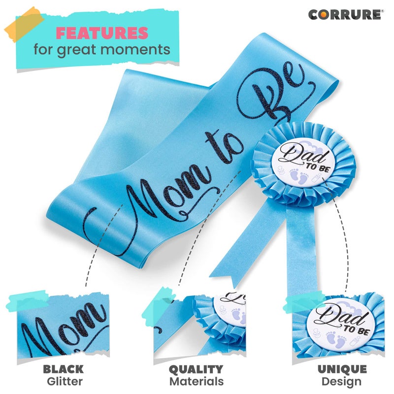 CORRURE Baby Shower Sash and Button Pin for Boy - 'Mom to Be' Sash and 'Dad to Be' Pin with Beautiful Blue Ribbon and Black Glitter Text - Ideal Mom and Dad Gift for Gender Reveal/Baby Shower - Image 4