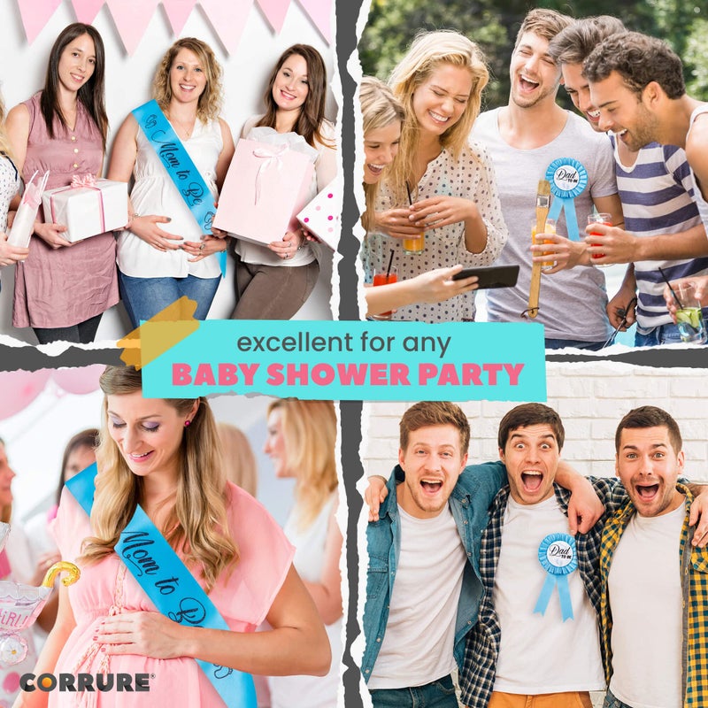 CORRURE Baby Shower Sash and Button Pin for Boy - 'Mom to Be' Sash and 'Dad to Be' Pin with Beautiful Blue Ribbon and Black Glitter Text - Ideal Mom and Dad Gift for Gender Reveal/Baby Shower - Image 2
