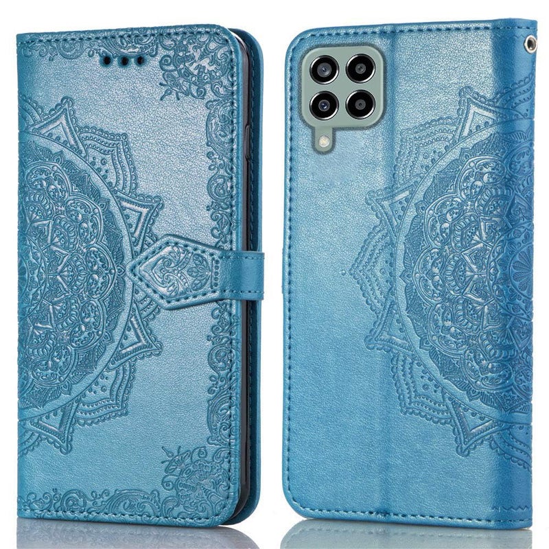 حافظة كليك كيس كوين لسلسلة سامسونج جالاكسي M53 5G بتصميم زهري من الجلد مع إغلاق مغناطيسي وحافظة قابلة للطي باللون الأزرق السماوي