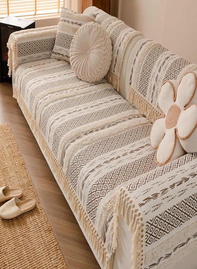 vctops Boho Cotton Linen Sofa Cover with Handmade Tassels Farmhouse Rustic Thick Tufted Setcional Couch Covers Non-Slip Soft Sofa Slipcover Washable Furniture Protector (Pattern F,28"x59") - Image 4