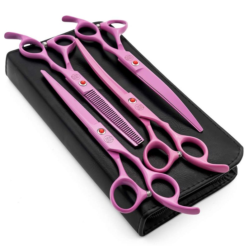 Moontay Professional 70 Dog Grooming Scissors Set 4pieces Straight Upward Curved Downward Curved ThinningBlending Shears for Dog Cat and Pets JP Stainless Steel Pink