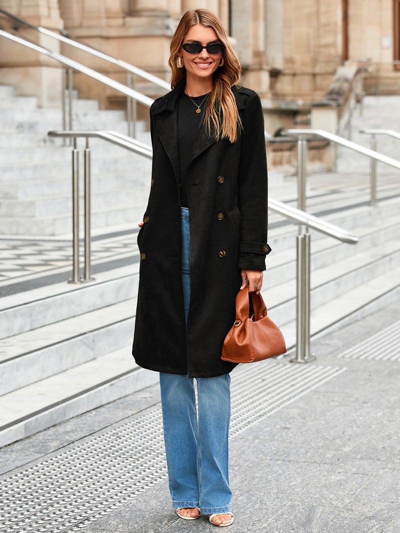 Simplee Womens Long Trench Coat - Fall Winter Double Breasted Classic Lapel Slim Work Office Suede Overcoat with Belt,Black L - Image 5