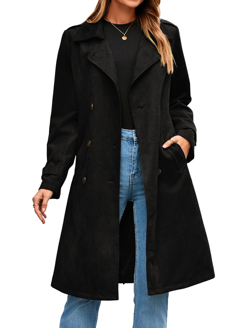 Simplee Womens Long Trench Coat - Fall Winter Double Breasted Classic Lapel Slim Work Office Suede Overcoat with Belt,Black L - Image 1