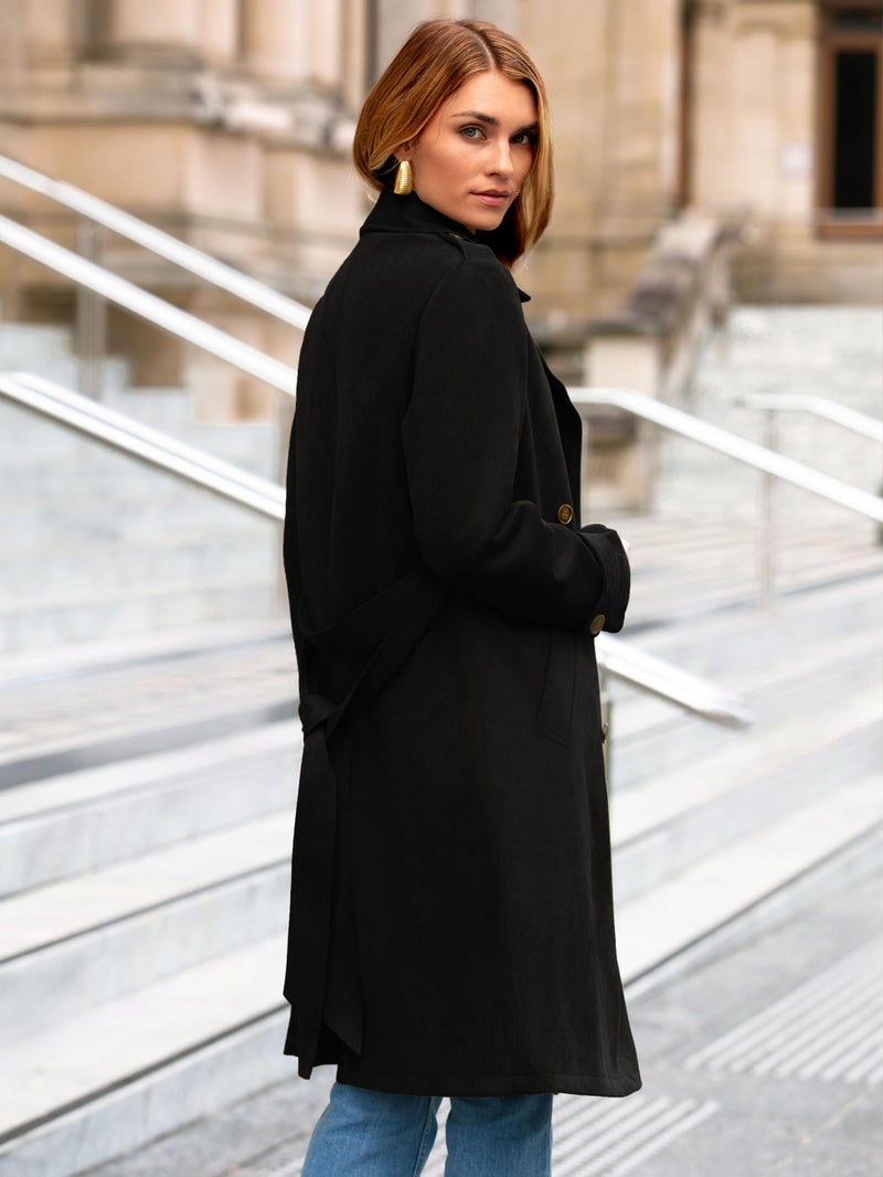 Simplee Womens Long Trench Coat - Fall Winter Double Breasted Classic Lapel Slim Work Office Suede Overcoat with Belt,Black L - Image 4
