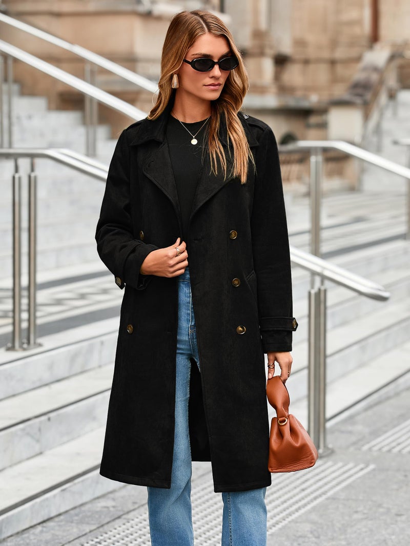 Simplee Womens Long Trench Coat - Fall Winter Double Breasted Classic Lapel Slim Work Office Suede Overcoat with Belt,Black L - Image 3