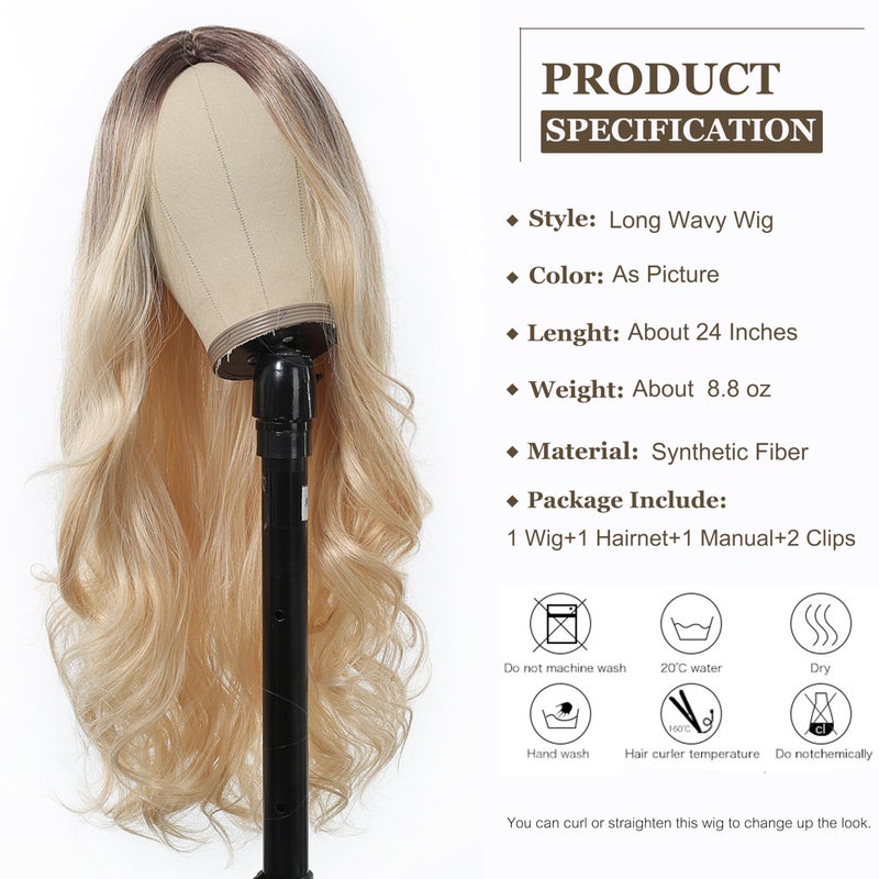 Esmee 24" Blonde wig Synthetic Wigs for Women Dark Roots Long Wig Brown Ombre Blonde Wavy Hair Realistic Simulation Scalp Middle Part for Daily Party Use - Image 2