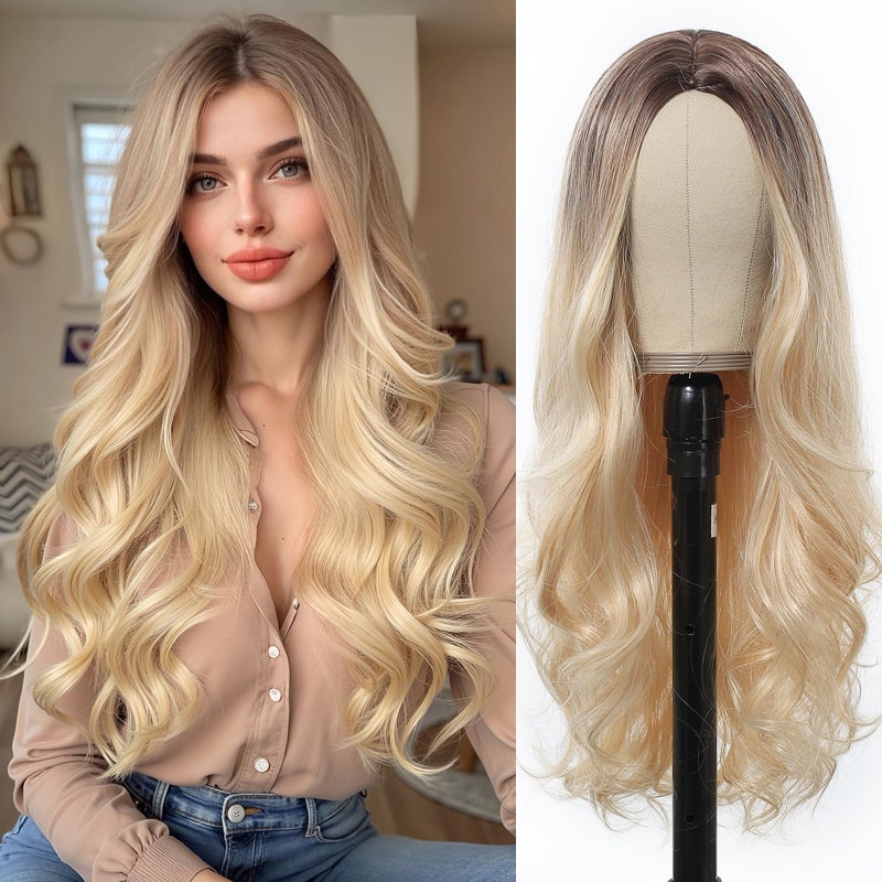 Esmee 24" Blonde wig Synthetic Wigs for Women Dark Roots Long Wig Brown Ombre Blonde Wavy Hair Realistic Simulation Scalp Middle Part for Daily Party Use - Image 1