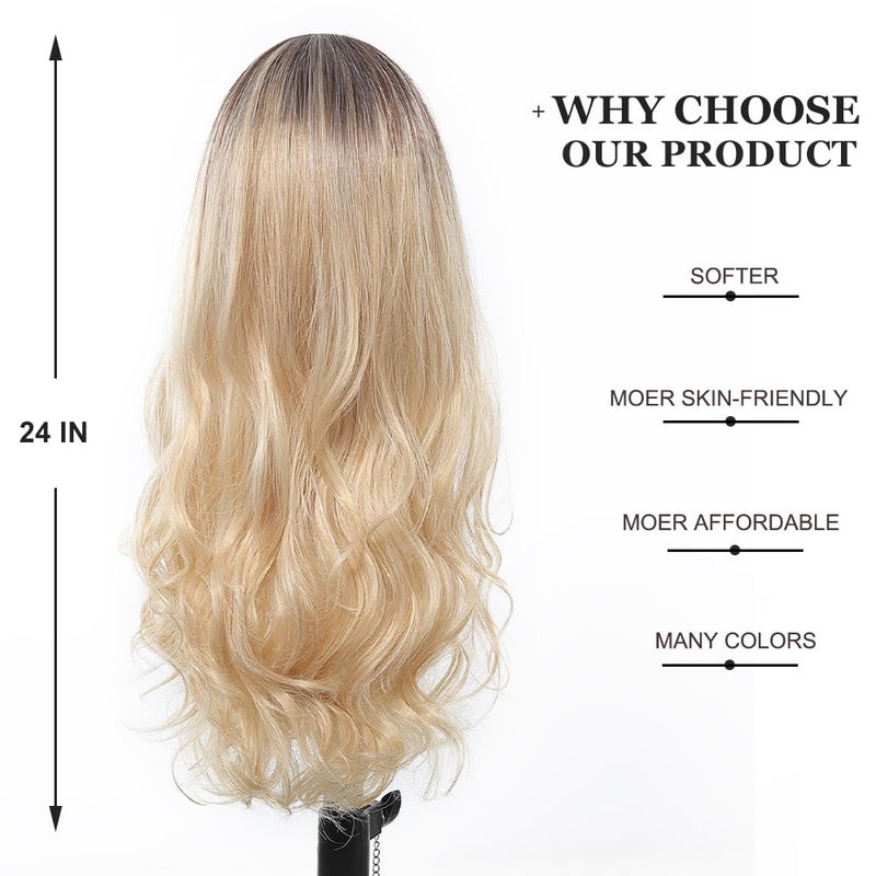 Esmee 24" Blonde wig Synthetic Wigs for Women Dark Roots Long Wig Brown Ombre Blonde Wavy Hair Realistic Simulation Scalp Middle Part for Daily Party Use - Image 4