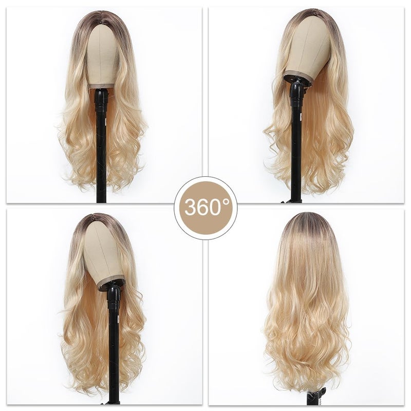 Esmee 24" Blonde wig Synthetic Wigs for Women Dark Roots Long Wig Brown Ombre Blonde Wavy Hair Realistic Simulation Scalp Middle Part for Daily Party Use - Image 5