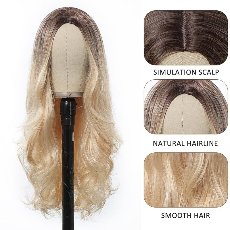 Esmee 24" Blonde wig Synthetic Wigs for Women Dark Roots Long Wig Brown Ombre Blonde Wavy Hair Realistic Simulation Scalp Middle Part for Daily Party Use - Image 3