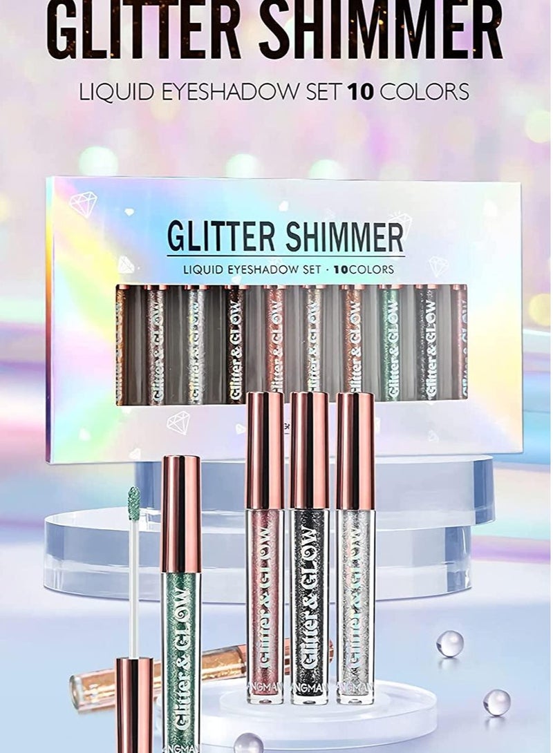 LANGMANNI 10Pcs Glitter Shimmer Liquid Eyeshadow set Glow Liquid Eyeshadow Makeup Metallic Shimmer Glitter Eyeshadow Sweatproof Makeup Set Glitter Pressed All Highly Pigmented Blending Liquid Eyeshadow Set - Image 2
