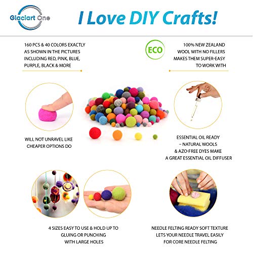Glaciart One Felt Pom Poms, Wool Balls (160 Pcs) 4 Sizes: 1 cm, 1.5 cm, 2 cm & 2.5 cm, Handmade Felted 40 Color (Red, Pink, Blue, Yellow, White, Pastel & More),Bulk Small Puff for Felting & Garland - Image 2