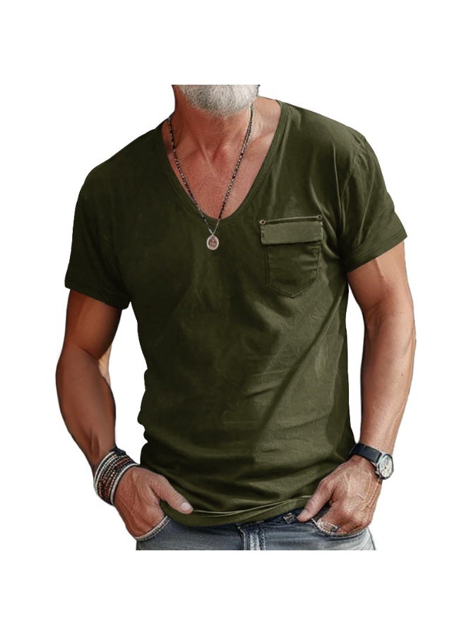 Fashionable Casual Short Sleeve U-Neck T-Shirt Men's Slim Fit Solid Color Shirt Summer  Breathable Top - Image 1