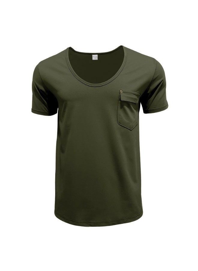 Fashionable Casual Short Sleeve U-Neck T-Shirt Men's Slim Fit Solid Color Shirt Summer  Breathable Top - Image 2