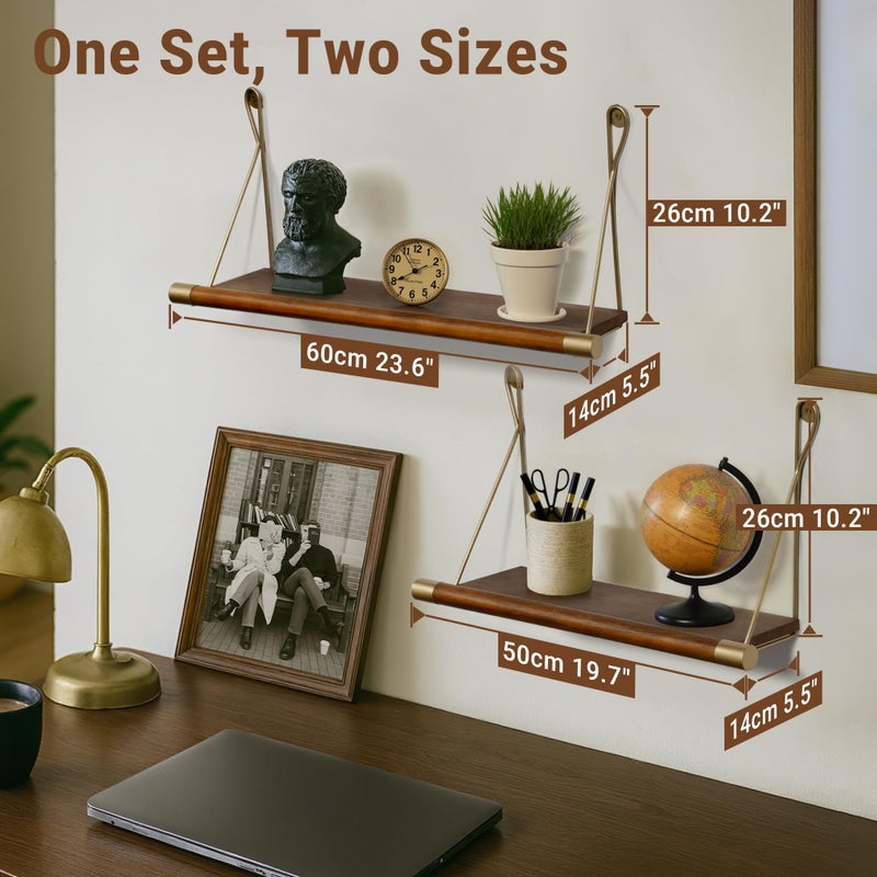 Afuly Mid Century Modern Decor Walnut Floating Shelves for Wall Mounted Shelf Unit Solid Wood Rustic Decorative Shelving Living Room Bedroom Coffee Bar Bathroom Display Plant Photo 24in&20in - Image 2