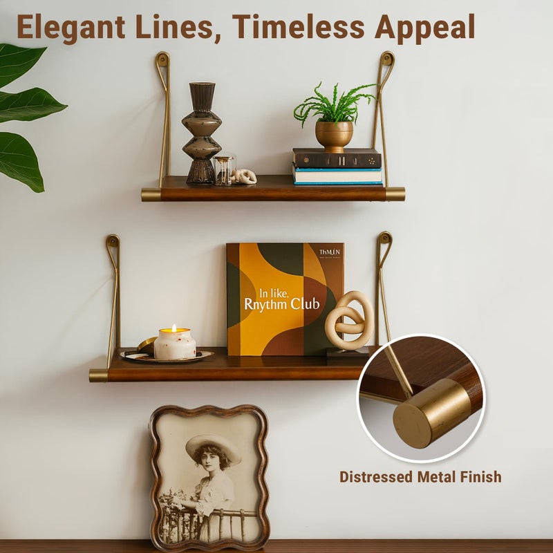 Afuly Mid Century Modern Decor Walnut Floating Shelves for Wall Mounted Shelf Unit Solid Wood Rustic Decorative Shelving Living Room Bedroom Coffee Bar Bathroom Display Plant Photo 24in&20in - Image 3
