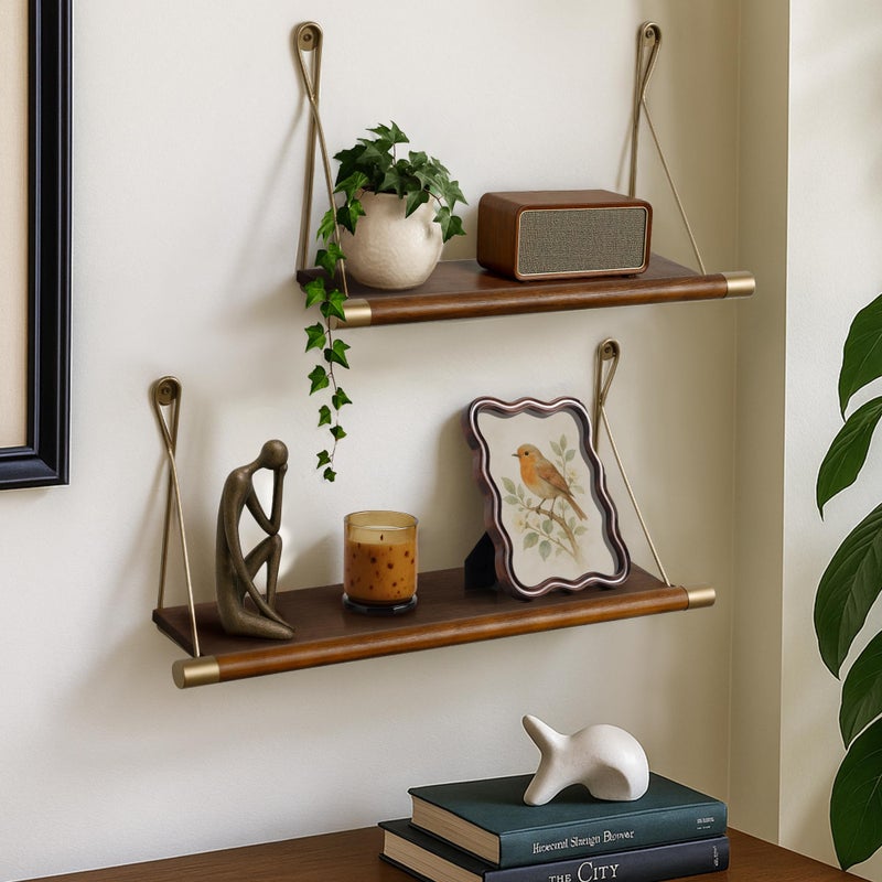Afuly Mid Century Modern Decor Walnut Floating Shelves for Wall Mounted Shelf Unit Solid Wood Rustic Decorative Shelving Living Room Bedroom Coffee Bar Bathroom Display Plant Photo 24in&20in - Image 1