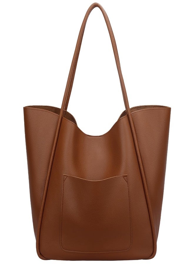 KKXIU Tote Bag for Women Vegan Leather Shoulder Purse Large Capacity Travel Bag - Brown - Image 1