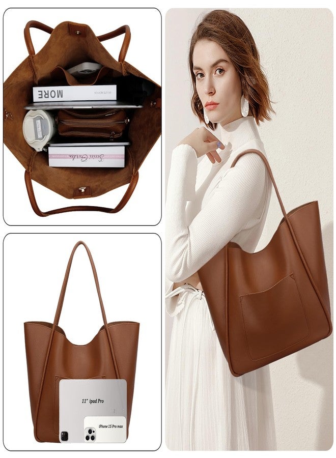 KKXIU Tote Bag for Women Vegan Leather Shoulder Purse Large Capacity Travel Bag - Brown - Image 5