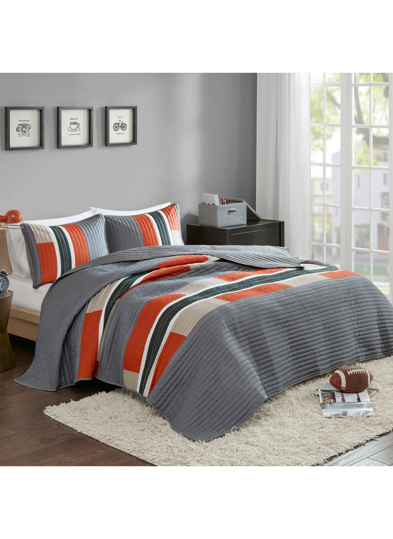 Comfort Spaces Comfort Spaces Quilt Set Trendy Casual Fun Vibrant Color Design Hypoallergenic All Season Lightweight Coverlet Bedspread Cozy Kids Bedding  Sham FullQueen Pierre Grey Orange Stripe 3 Piece 