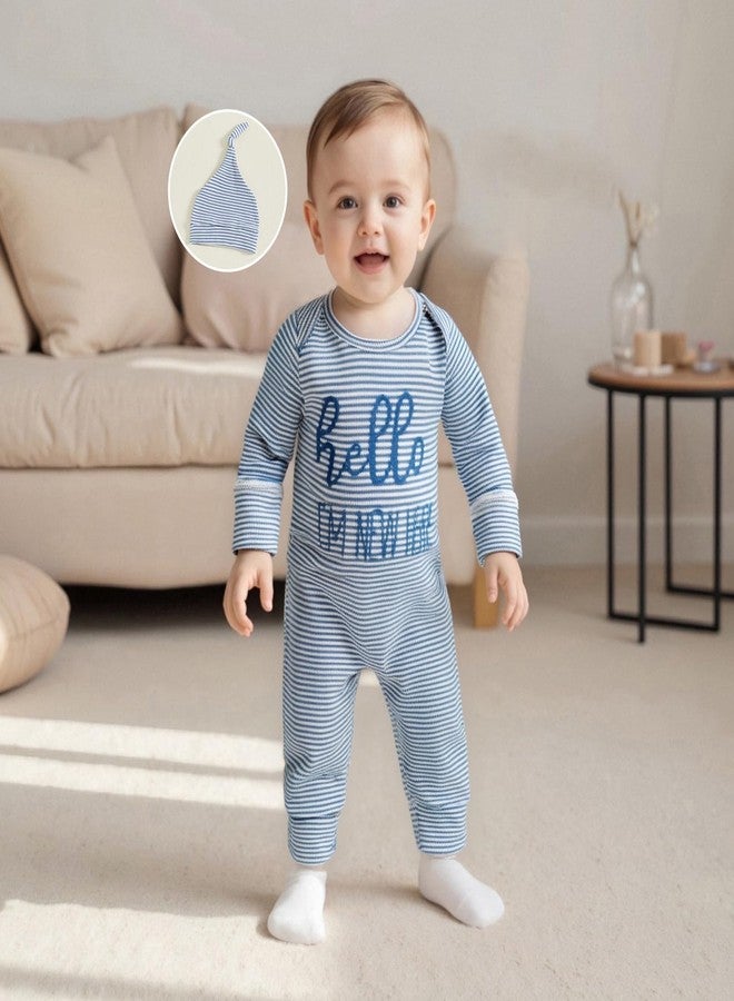 Fernvia Newborn Baby Boy Clothes Letters Print Bodysuit 3 6 9 12 18 Months Long Sleeve Jumpsuit with Hat 2PCS Outfits Set (D Blue, Newborn) - Image 2