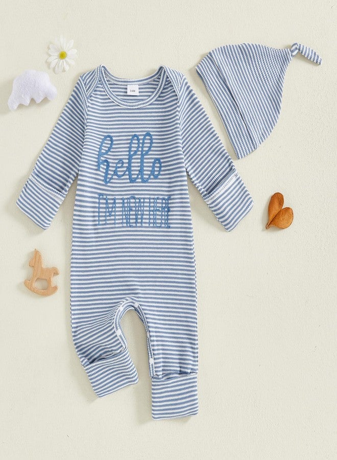 Fernvia Newborn Baby Boy Clothes Letters Print Bodysuit 3 6 9 12 18 Months Long Sleeve Jumpsuit with Hat 2PCS Outfits Set (D Blue, Newborn) - Image 3