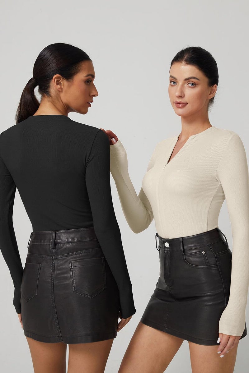 QINSEN Women's V Neck Long Sleeve Shirts Half Zipper Ribb Knit Slim Fit Basic Going Out Tops Black L - Image 5