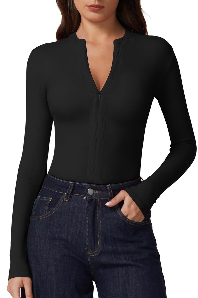 QINSEN Women's V Neck Long Sleeve Shirts Half Zipper Ribb Knit Slim Fit Basic Going Out Tops Black L - Image 1