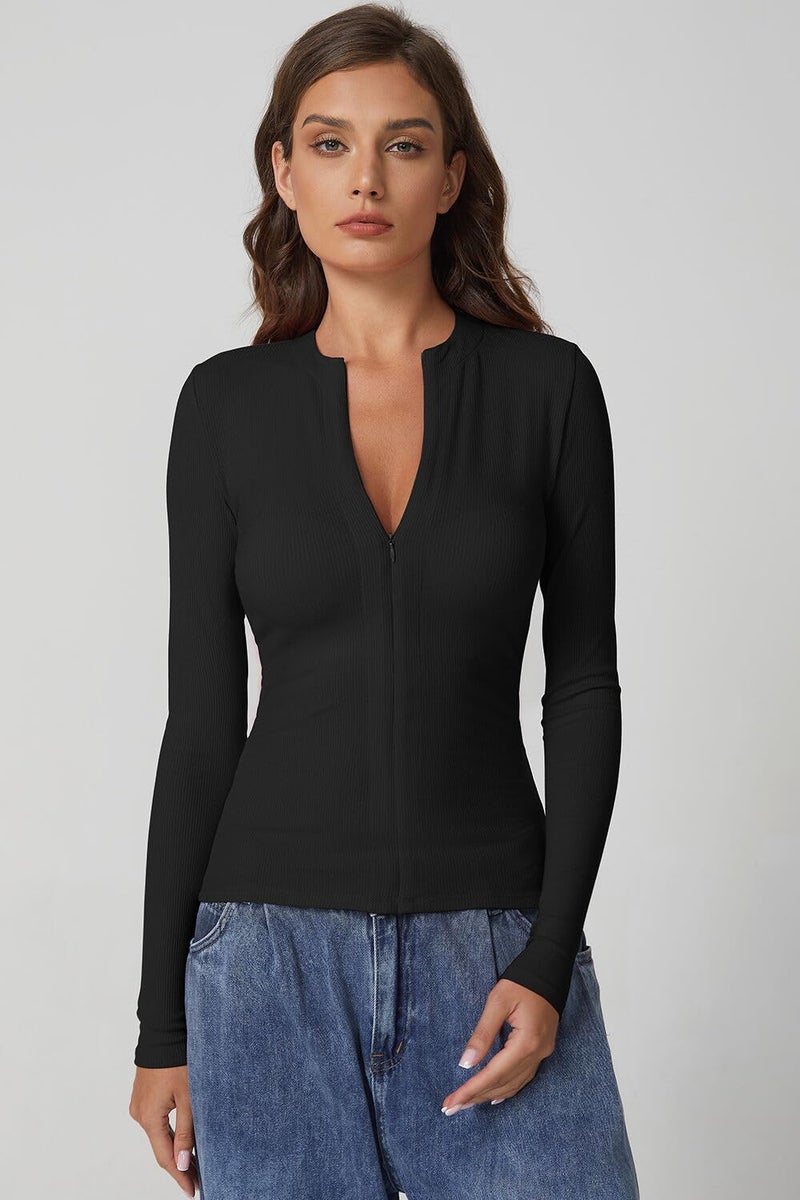 QINSEN Women's V Neck Long Sleeve Shirts Half Zipper Ribb Knit Slim Fit Basic Going Out Tops Black L - Image 4