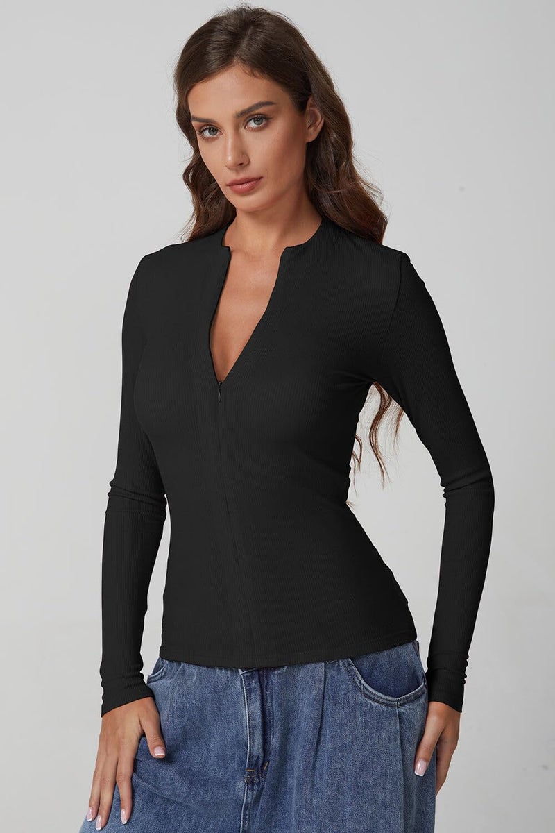 QINSEN Women's V Neck Long Sleeve Shirts Half Zipper Ribb Knit Slim Fit Basic Going Out Tops Black L - Image 3