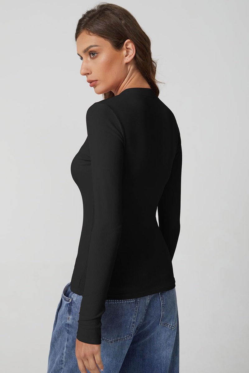 QINSEN Women's V Neck Long Sleeve Shirts Half Zipper Ribb Knit Slim Fit Basic Going Out Tops Black L - Image 2