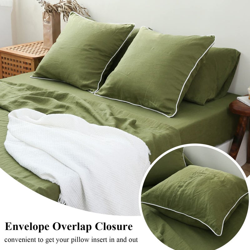 Simple&Opulence Simple&Opulence 100% Linen Euro Shams with White Trim Inserted Edges  26""x26"" Home Decorative Pillow Cover Set of 2  Basic Style Pillow Shams  Olive Green  - Image 4