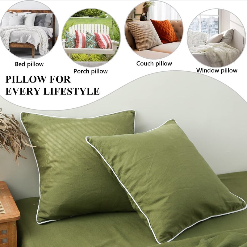 Simple&Opulence Simple&Opulence 100% Linen Euro Shams with White Trim Inserted Edges  26""x26"" Home Decorative Pillow Cover Set of 2  Basic Style Pillow Shams  Olive Green  - Image 5