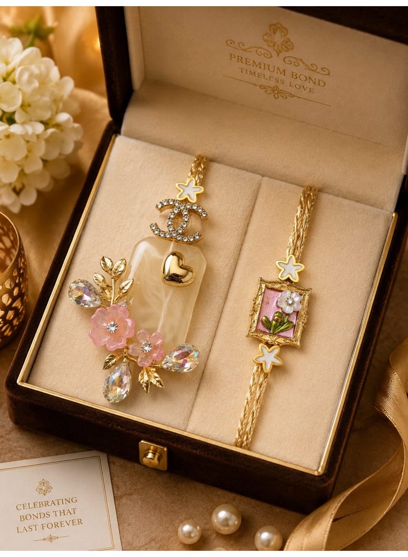 Premium Bhaiya Bhai Rakhi Set with Decorative Pendant and Floral Bracelet