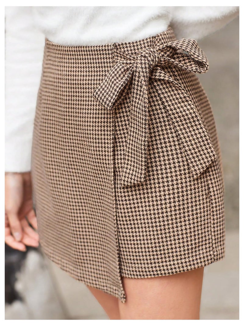 Floerns Women's Houndstooth Print Tie Front Skorts Asymmetrical Hem High Waist Skirt Shorts Khaki Small - Image 2