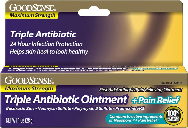 GoodSense Maximum Strength Triple Antibiotic Ointment plus Pain Relief  Soothes Painful Cuts Scrapes and Burns Prevents Infection First Aid Antibiotic External Analgesic 1 oz - Image 1