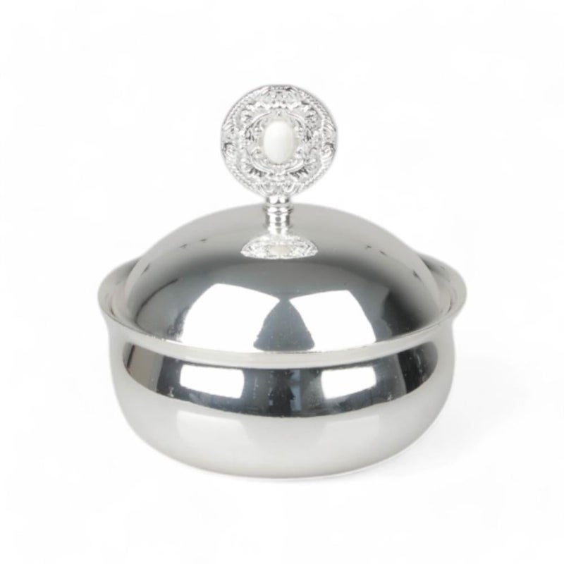 Soleter Queen Collection Silver Dates Bowl with Pearl White Gem Lid Handle 12cm - Premium Serving Dish, Home Decor for Dining & Special Occasions - Image 2