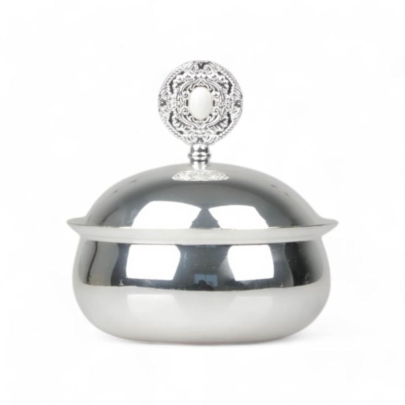 Soleter Queen Collection Silver Dates Bowl with Pearl White Gem Lid Handle 12cm - Premium Serving Dish, Home Decor for Dining & Special Occasions - Image 1