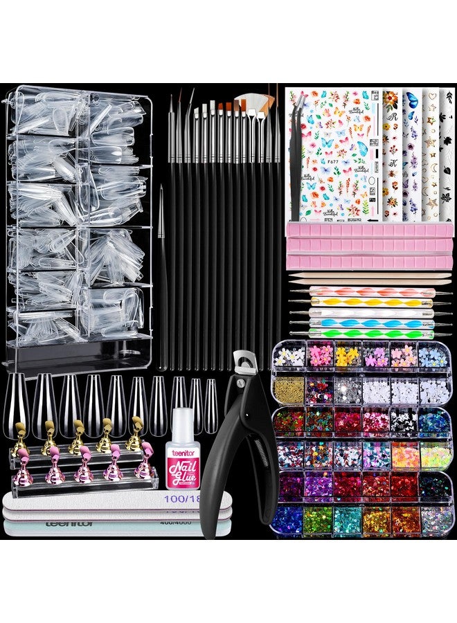 Teenitor Fake Nails Kit Press On Nail Supplies Clear Coffin Nail Tips With Nail Stand Nail Art Brushes Nail Dotting Pen Nail Glitter Sequinsnail Stickers Nail Art Rhinestones  - Image 1