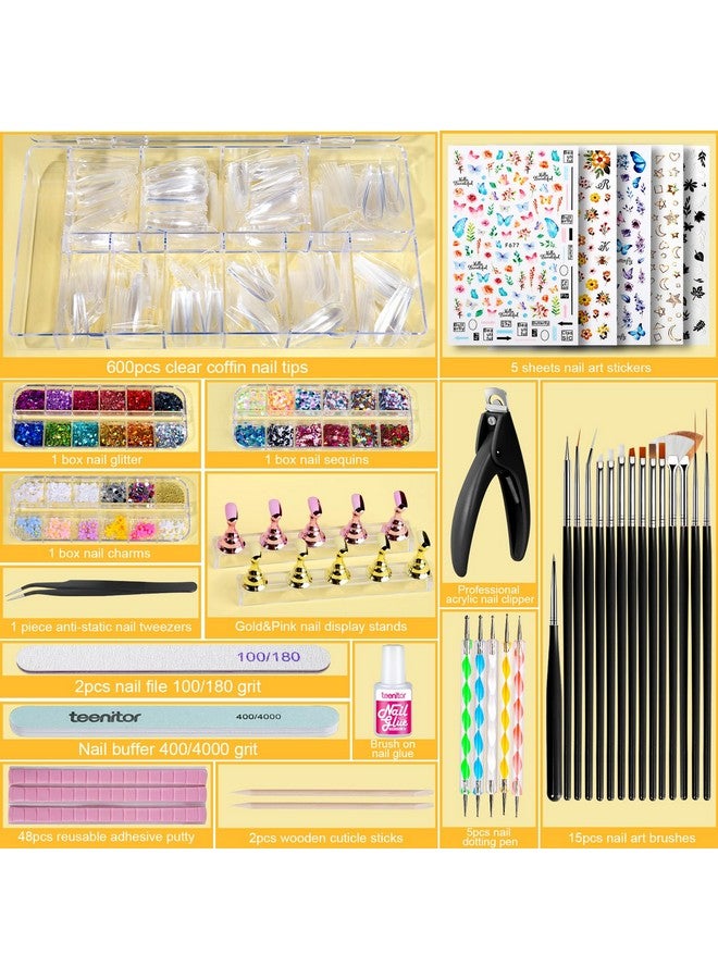 Teenitor Fake Nails Kit Press On Nail Supplies Clear Coffin Nail Tips With Nail Stand Nail Art Brushes Nail Dotting Pen Nail Glitter Sequinsnail Stickers Nail Art Rhinestones  - Image 2