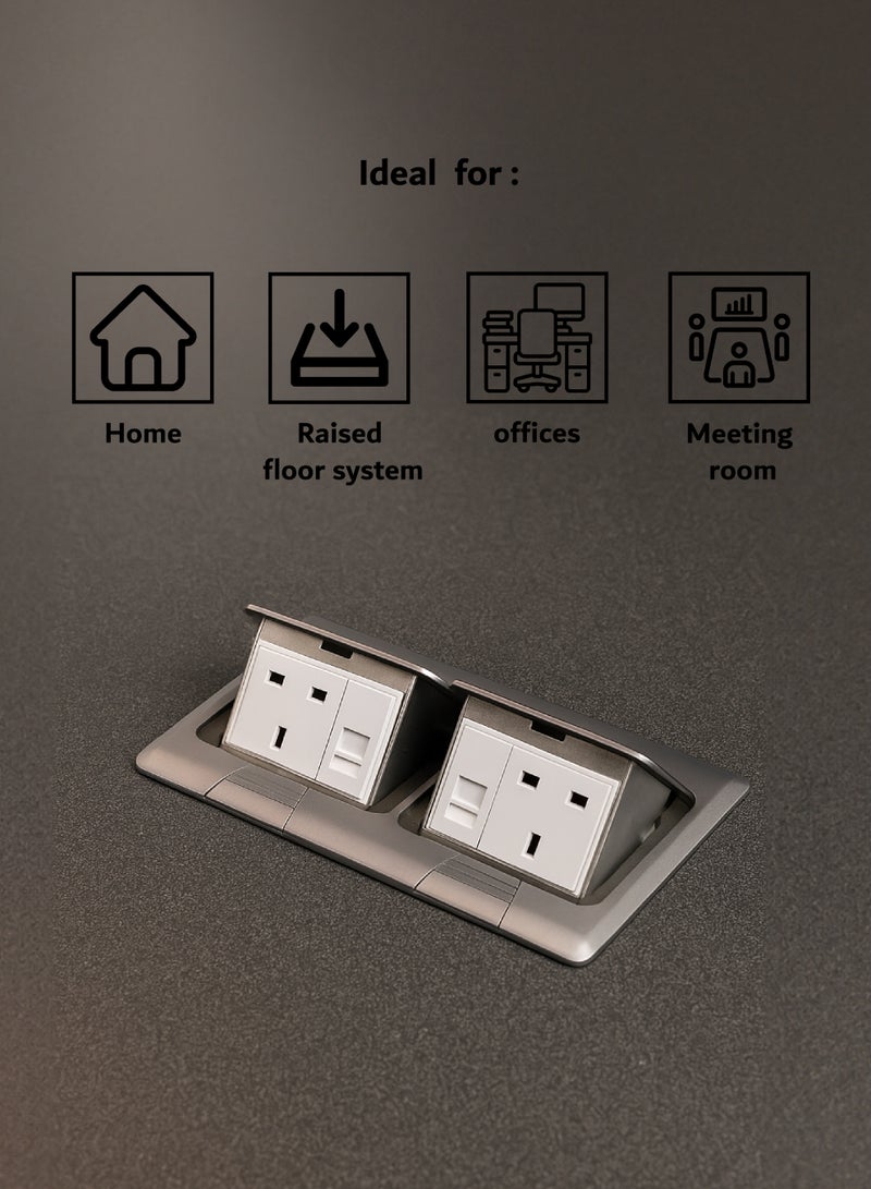 يونايتد باور مقبس أرضي من يونايتد باور فيه فيشين بريطانية و٢ منافذ شبكة CAT6A – مصنوع من الألمنيوم. - Image 3