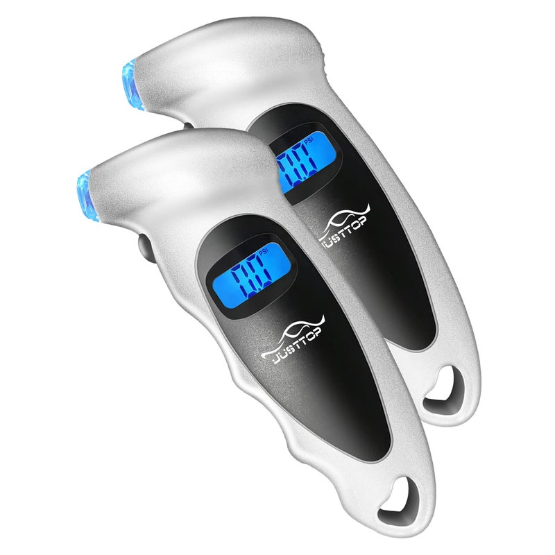JUSTTOP 2 Pack Digital Tire Pressure Gauge, 150PSI 4 Setting for Cars, Trucks and Bicycles, Backlit LCD and Anti-Skid Grip for Easy and Accurate Reading(Silver) - Image 1