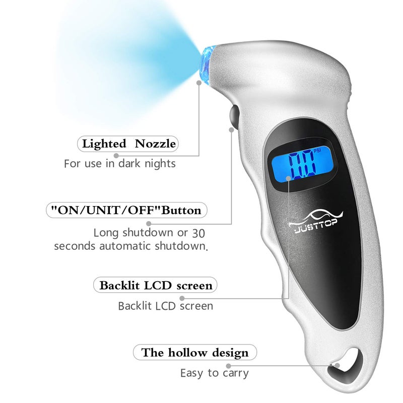 JUSTTOP 2 Pack Digital Tire Pressure Gauge, 150PSI 4 Setting for Cars, Trucks and Bicycles, Backlit LCD and Anti-Skid Grip for Easy and Accurate Reading(Silver) - Image 2